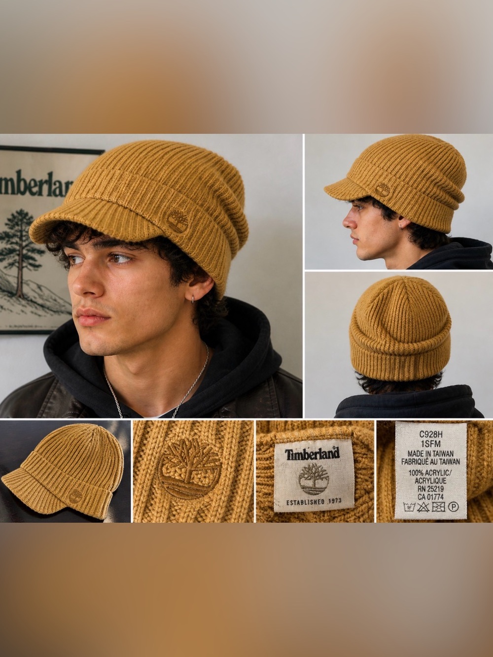 🧢 Timberland Ribbed Knit Visor Beanie Hat – Wheat Tonal Logo Rare Style
